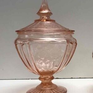 Pink Vintage depression style glass pedestal candy dish lid floral